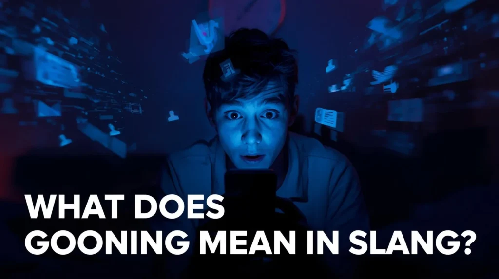 Young man sitting in a dark room at night, illuminated by the blue glow of his smartphone with social media icons and notifications floating around him, and text reading “What Does Gooning Mean in Slang?” representing digital overstimulation and online obsession.