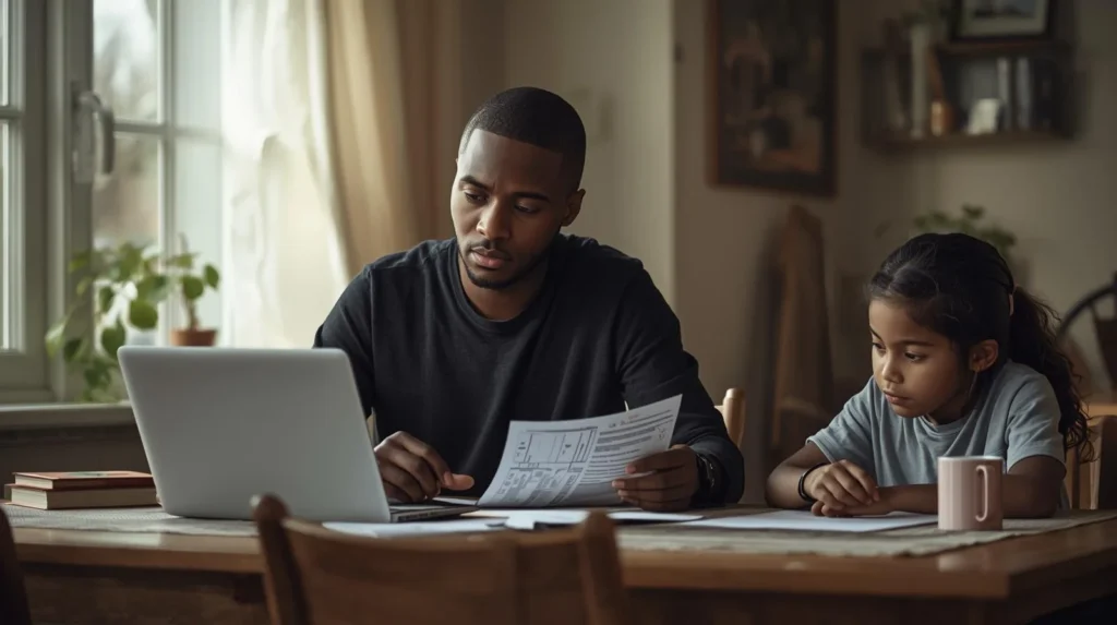 Single parent reviewing tax papers on a laptop at a dining table while a child sits beside them, representing head of household tax responsibility.