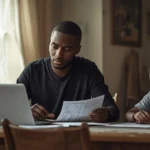 Single parent reviewing tax papers on a laptop at a dining table while a child sits beside them, representing head of household tax responsibility.