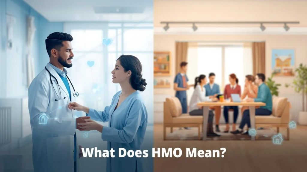 what does HMO mean illustrated with split image of doctor and patient healthcare network and shared house living arrangement with multiple tenants