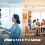 what does HMO mean illustrated with split image of doctor and patient healthcare network and shared house living arrangement with multiple tenants