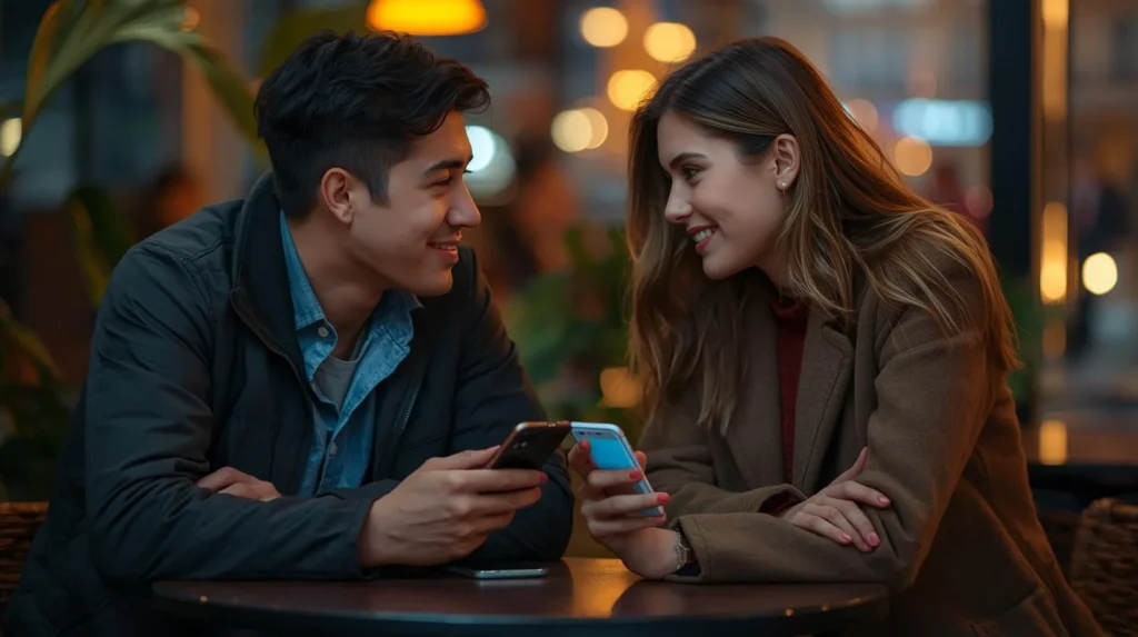 Two young adults smiling at each other while sitting at a café table, holding smartphones, showing a casual yet possibly romantic connection.