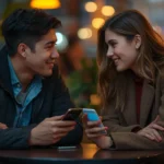 Two young adults smiling at each other while sitting at a café table, holding smartphones, showing a casual yet possibly romantic connection.