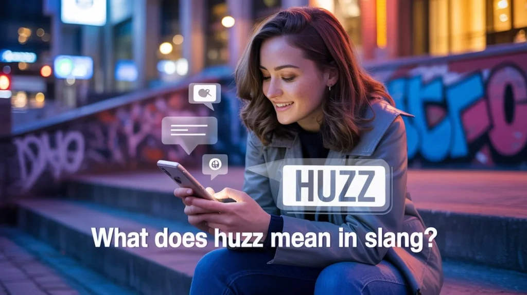 Young woman using her phone at night with chat bubbles and the word “huzz” on screen, illustrating what does huzz mean in slang in a social media context.
