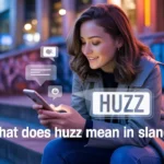 Young woman using her phone at night with chat bubbles and the word “huzz” on screen, illustrating what does huzz mean in slang in a social media context.