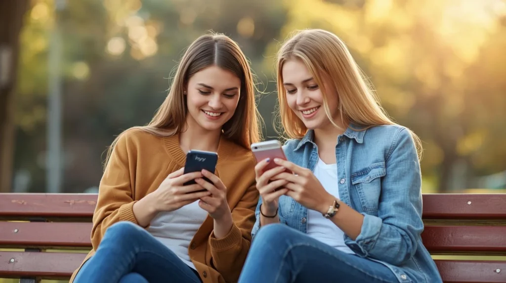 Two young women smiling while texting on their phones, illustrating what does hyy mean in text in everyday digital conversations.