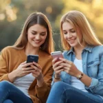 Two young women smiling while texting on their phones, illustrating what does hyy mean in text in everyday digital conversations.
