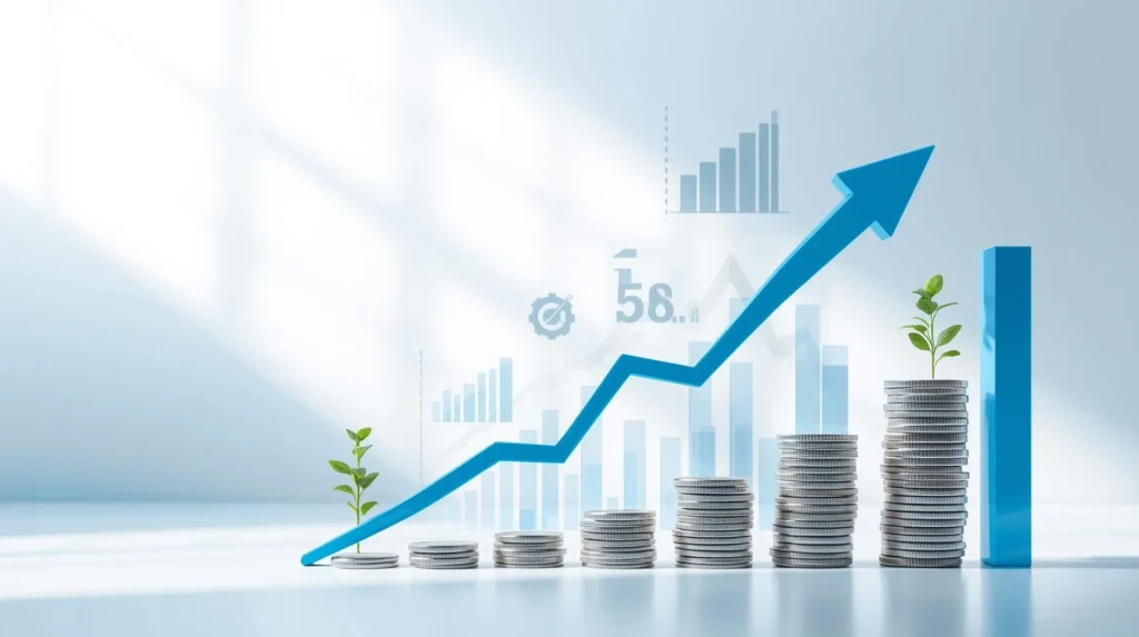 “Visual representation of what does increase mean, showing an upward arrow, rising bar chart, stacked coins, and growing plants symbolizing growth and progress.”