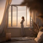 Woman standing by an open window at sunset in a softly lit room, reflecting quietly to symbolize what it means to be vulnerable and emotionally open.