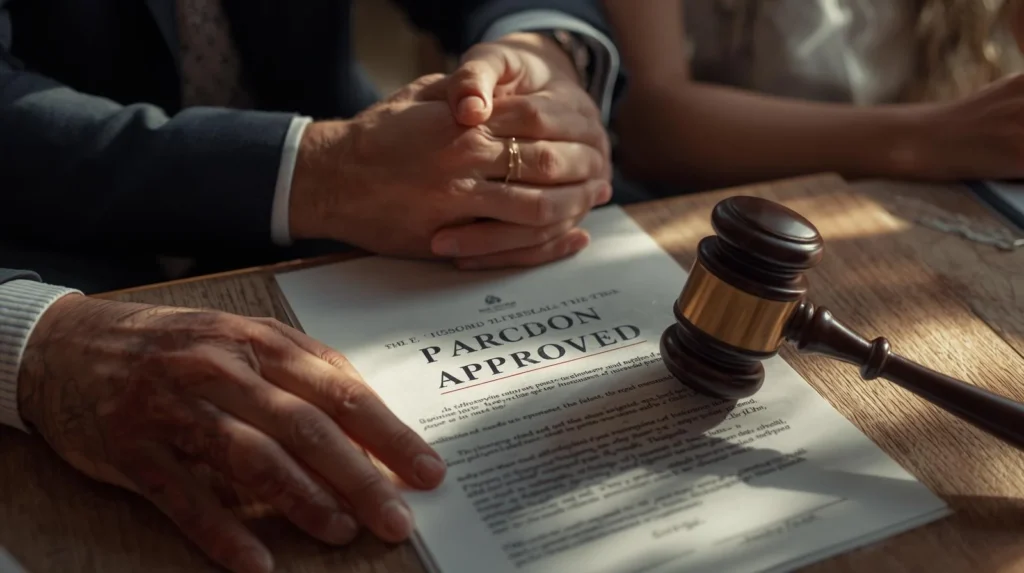 Judge’s gavel resting on a wooden desk beside an official document titled “Pardon Approved,” with two people’s hands clasped in the background under warm natural light.