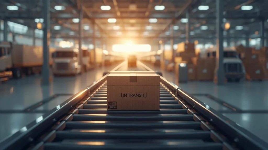 Cardboard package labeled “In Transit” moving along a conveyor belt inside a large warehouse, with delivery trucks and stacked boxes in the background at sunset.