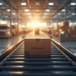 Cardboard package labeled “In Transit” moving along a conveyor belt inside a large warehouse, with delivery trucks and stacked boxes in the background at sunset.