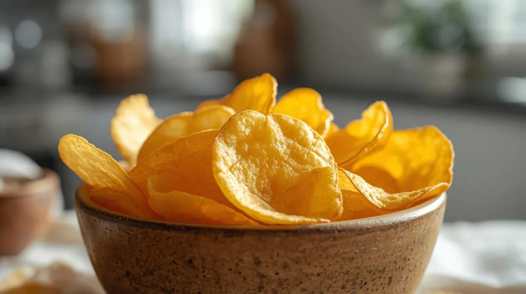 A wooden bowl filled with golden, kettle cooked potato chips showing thick, crispy texture in a softly lit kitchen setting.