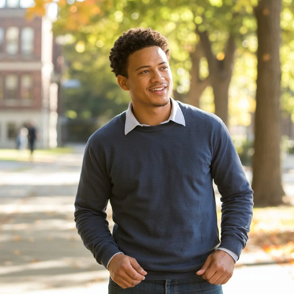 A confident young man walking outdoors on a tree-lined path, symbolizing identity, strength, and the meaning behind the name Landon.