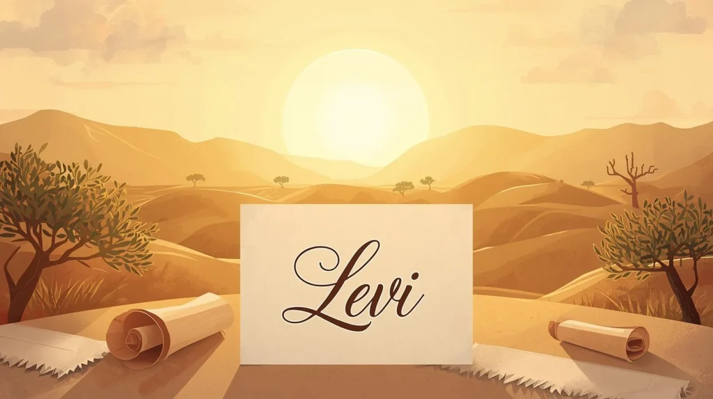 Elegant illustration of the name “Levi” written in calligraphy on a card, set against a warm sunrise over ancient Middle Eastern hills with olive trees and parchment scrolls symbolizing biblical origin and unity.