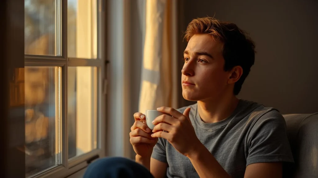Young adult sitting by a window holding a cup of tea in warm sunlight, illustrating what does low vitamin D mean through fatigue and limited sun exposure.