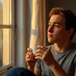 Young adult sitting by a window holding a cup of tea in warm sunlight, illustrating what does low vitamin D mean through fatigue and limited sun exposure.