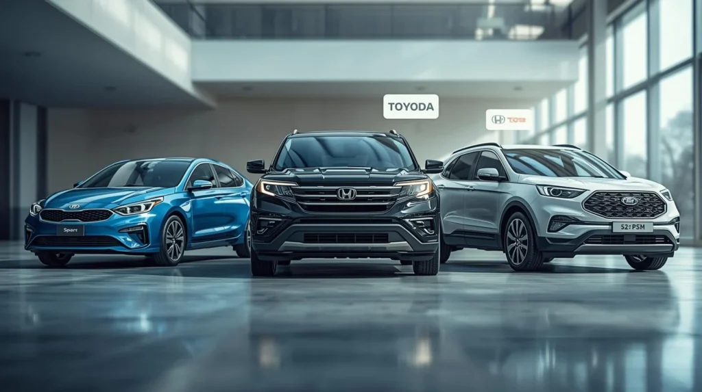 Illustration showing different car makes in a modern showroom, explaining what does make mean for a car by highlighting brand identity over models.