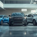 Illustration showing different car makes in a modern showroom, explaining what does make mean for a car by highlighting brand identity over models.