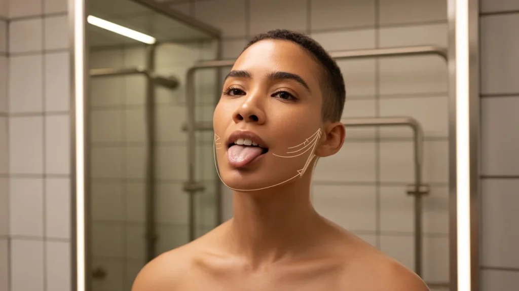 Person demonstrating tongue posture in front of a mirror to explain what does mewing mean slang, with subtle jawline guidance visuals in a real-life setting.