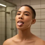 Person demonstrating tongue posture in front of a mirror to explain what does mewing mean slang, with subtle jawline guidance visuals in a real-life setting.