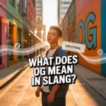 Confident young man standing in a colorful urban street with large “OG” graffiti on a wall behind him, sunlight glowing in the background, and bold text reading “What Does OG Mean in Slang?” representing the original and respected meaning of OG.