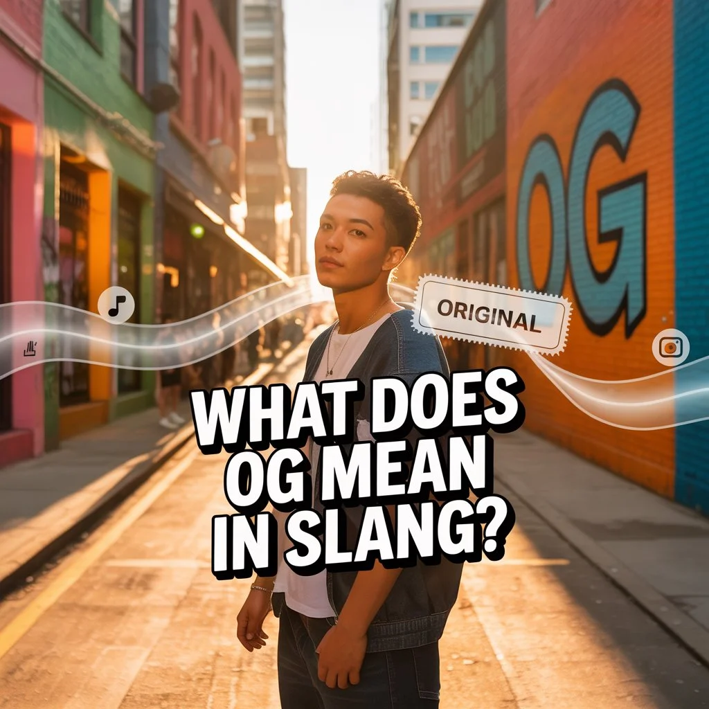 Confident young man standing in a colorful urban street with large “OG” graffiti on a wall behind him, sunlight glowing in the background, and bold text reading “What Does OG Mean in Slang?” representing the original and respected meaning of OG.
