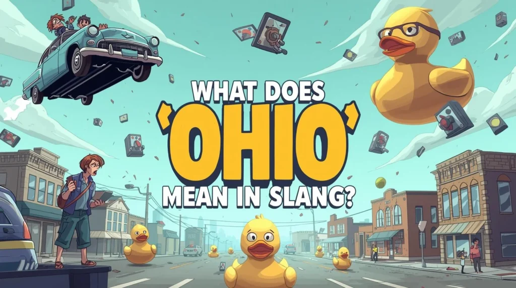 Cartoon-style illustration of a chaotic town scene with floating objects, a flying car, giant rubber ducks, and bold text “What Does Ohio Mean in Slang?”