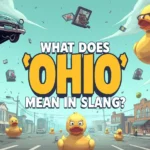 Cartoon-style illustration of a chaotic town scene with floating objects, a flying car, giant rubber ducks, and bold text “What Does Ohio Mean in Slang?”