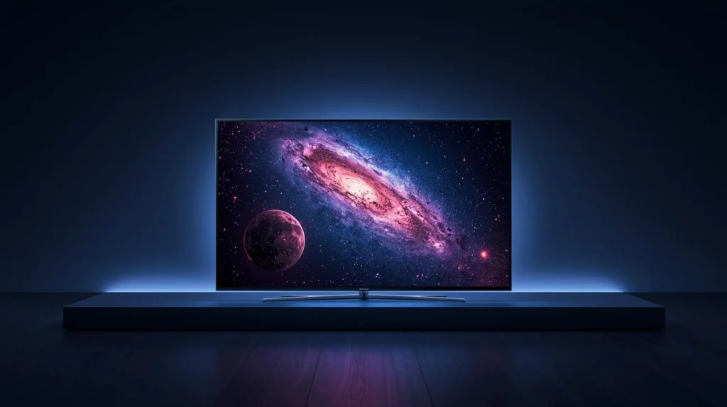 Ultra-thin OLED television in a dark room displaying a vibrant galaxy scene with deep blacks and glowing colors, highlighting high contrast and immersive picture quality.