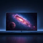 Ultra-thin OLED television in a dark room displaying a vibrant galaxy scene with deep blacks and glowing colors, highlighting high contrast and immersive picture quality.
