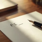 Close-up of a handwritten “P.S.” on a cream-colored letter resting on a wooden desk, with a fountain pen beside it in warm natural light.