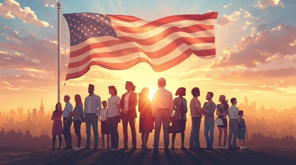 Diverse group of people standing together at sunset beneath a large American flag, overlooking a city skyline, symbolizing unity, national pride, and modern patriotism.
