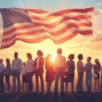 Diverse group of people standing together at sunset beneath a large American flag, overlooking a city skyline, symbolizing unity, national pride, and modern patriotism.