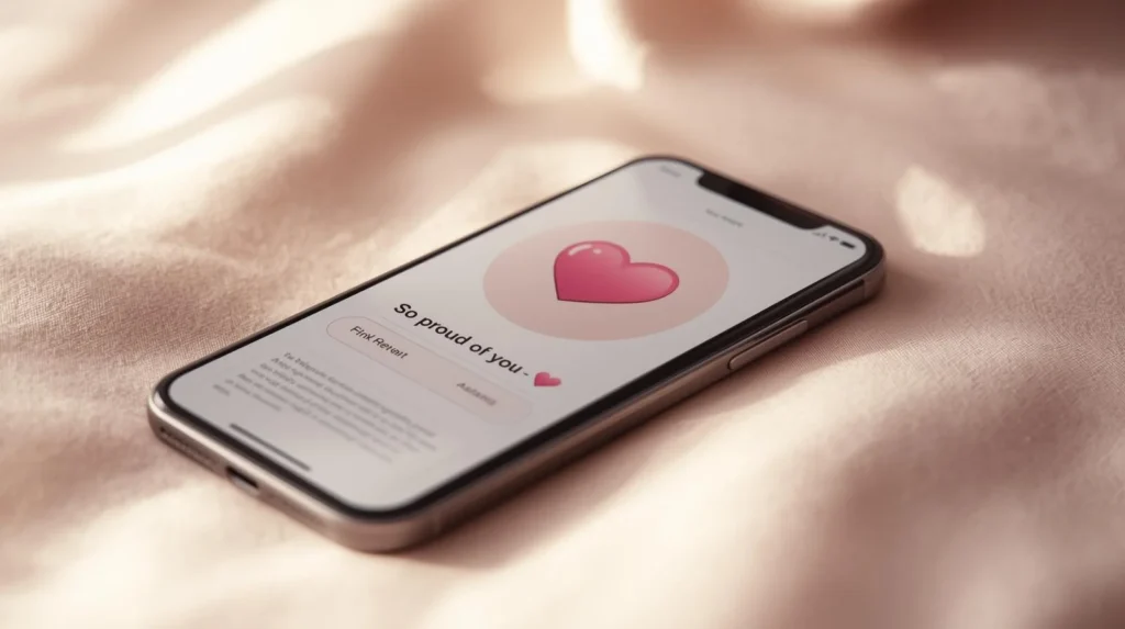 Smartphone lying on soft fabric displaying a message that says “So proud of you” with a pink heart emoji on the screen, illuminated by warm natural light.