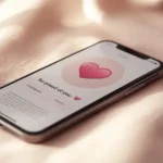 Smartphone lying on soft fabric displaying a message that says “So proud of you” with a pink heart emoji on the screen, illuminated by warm natural light.
