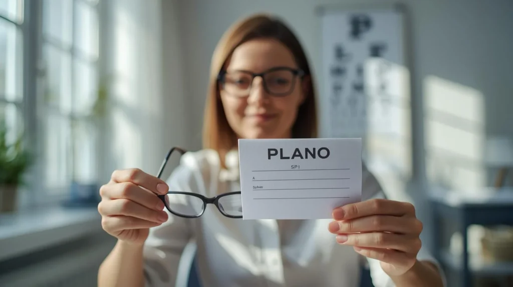Woman wearing glasses holding an eye prescription card labeled “Plano” while sitting in an optometrist’s office with an eye chart in the background.