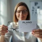 Woman wearing glasses holding an eye prescription card labeled “Plano” while sitting in an optometrist’s office with an eye chart in the background.