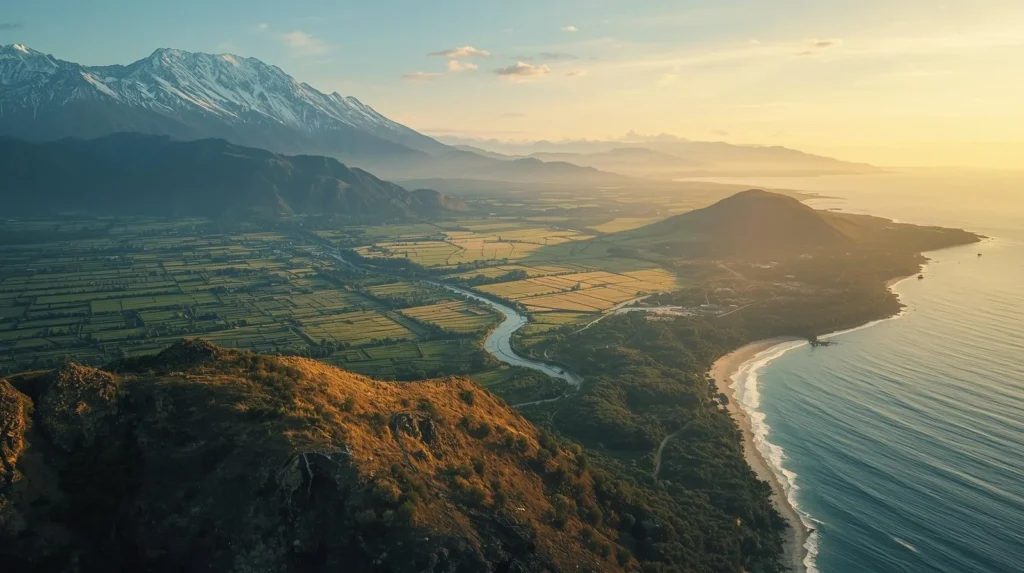 Region landscape showing snow-capped mountains, fertile farmland divided by a river, and a coastal shoreline at sunset illustrating distinct geographic regions within one area