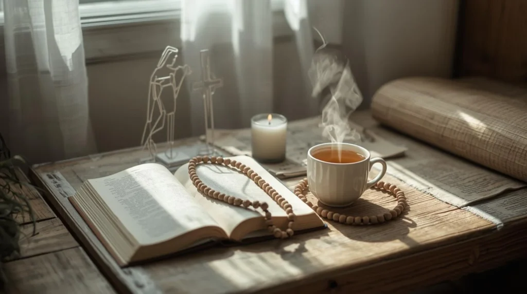 Open book with prayer beads, a lit candle, and a cup of tea on a wooden table in soft morning light, symbolizing religion, reflection, and spiritual peace.