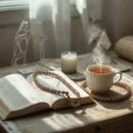 Open book with prayer beads, a lit candle, and a cup of tea on a wooden table in soft morning light, symbolizing religion, reflection, and spiritual peace.