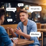 Confident young man chatting at a café with speech bubbles saying “W rizz,” “He’s got rizz,” and “Effortless,” illustrating what does rizz mean in slang and modern flirting charm.