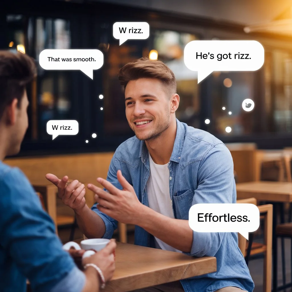 Confident young man chatting at a café with speech bubbles saying “W rizz,” “He’s got rizz,” and “Effortless,” illustrating what does rizz mean in slang and modern flirting charm.