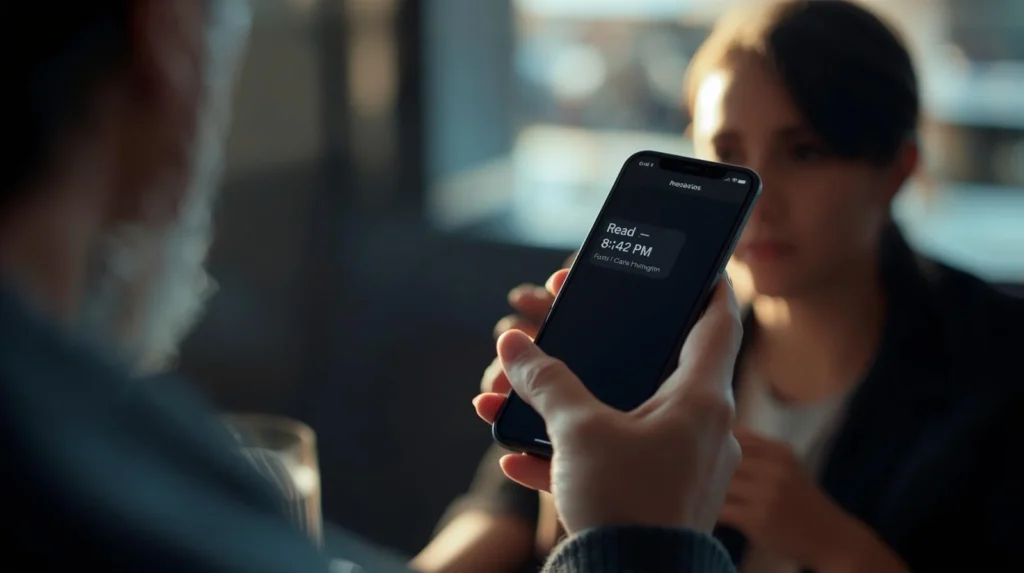 Person holding a smartphone showing a “Read 8:42 PM” message receipt while sitting across from another person, illustrating the meaning of send read receipts in messaging apps.