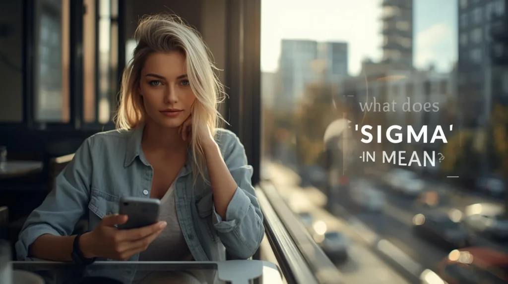 Young woman sitting confidently by a café window using her phone, with a blurred city background and text overlay about “sigma” slang meaning