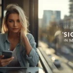 Young woman sitting confidently by a café window using her phone, with a blurred city background and text overlay about “sigma” slang meaning