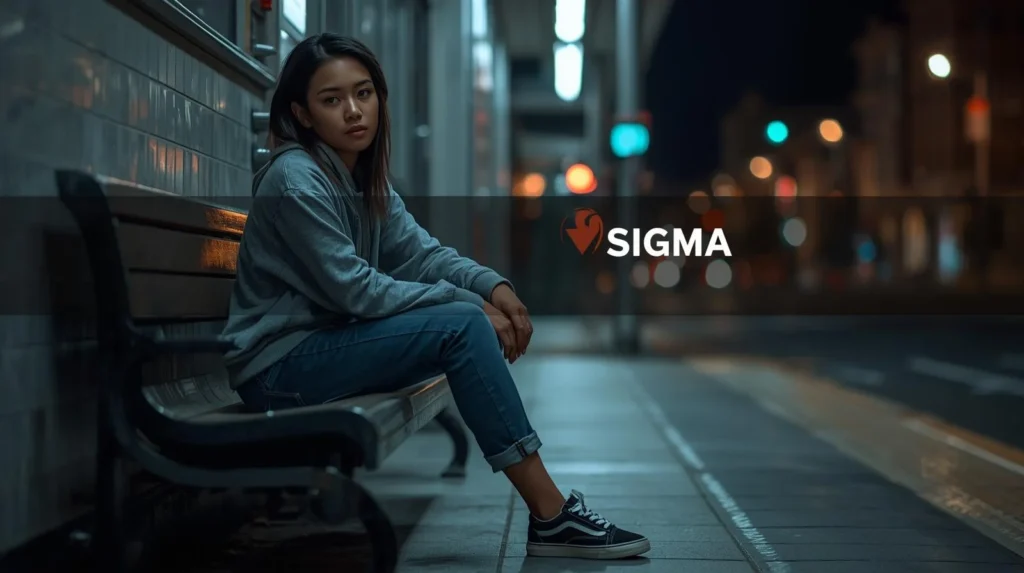 Young woman sitting alone on a bench at night with a calm, independent expression, illustrating what does sigma mean slang and the concept of quiet confidence and lone wolf energy.