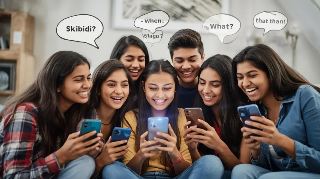 Group of teenagers laughing together while looking at their smartphones, reacting to viral slang content with speech bubbles showing confusion and curiosity about the word “Skibidi.”