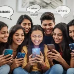 Group of teenagers laughing together while looking at their smartphones, reacting to viral slang content with speech bubbles showing confusion and curiosity about the word “Skibidi.”