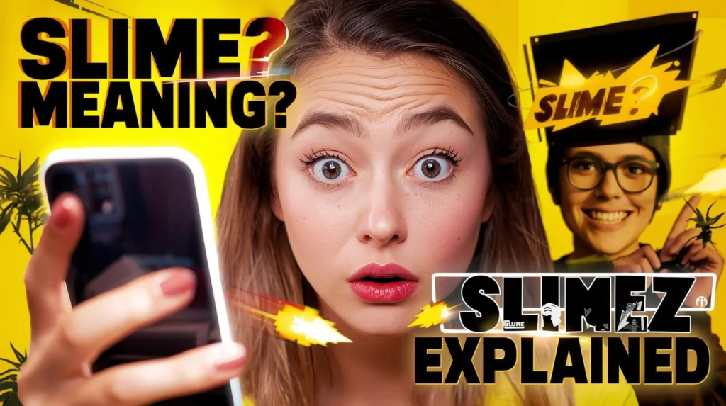 A surprised young woman holding a smartphone against a bright yellow background with bold text reading “Slime Meaning?” On the right side, another person wearing glasses smiles beneath a sign that says “Slime?” and large text at the bottom reads “Slimez Explained.”